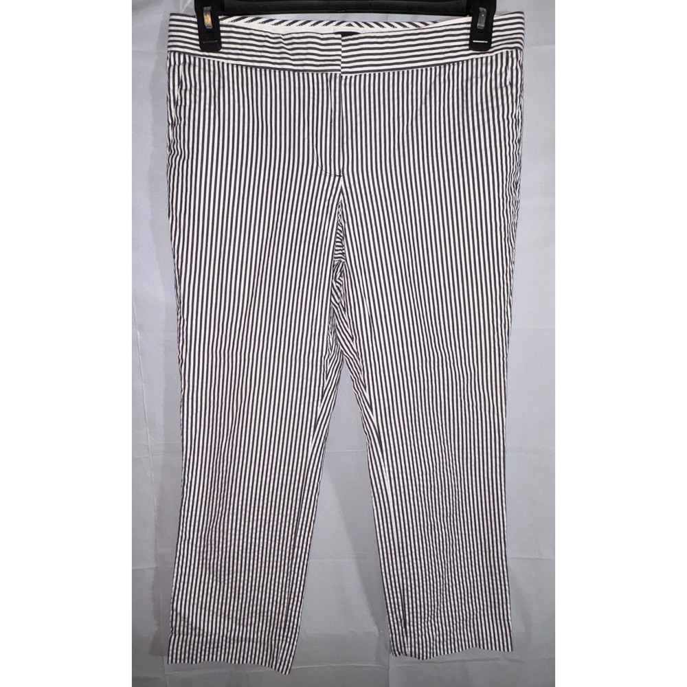 J. Crew Women 8 Seersucker Pants Navy Blue White Striped Cotton Cropped Nautical